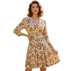 VTG Dress Floral Sz XS Double Breasted Pearl Buttons Pleated Cottage Boho